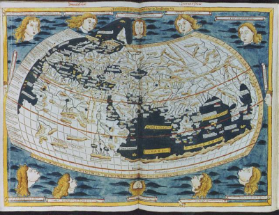 Weltkarte des Ptolemäus. Die hier gezeigte Weltkarte ist mit den zwölf Winden illustriert und eine der 32 Karten aus der „Cosmographia“ die von                         Lienhart Holle aus Ulm am 6. Juli 1482 herausgegeben wurde. Dies war die erste gedruckte Kartenausgabe nördlich der Alpen