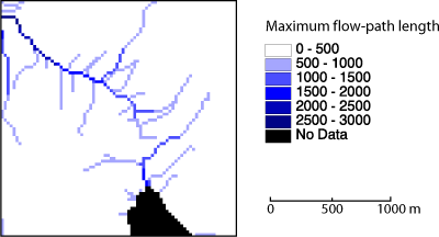Maximaler Fließweg in Meter zu jedem flussaufwärts vorhandenen Pixel.